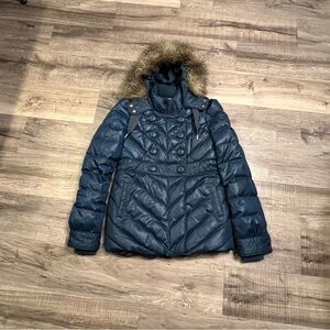 Juicy Couture Dark Blue Puffer Jacket with Faux Fur Hood